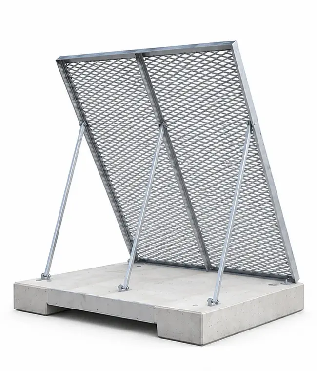 Achterzijde van een blast fence met strekmetaalpaneel, frame en schoren
