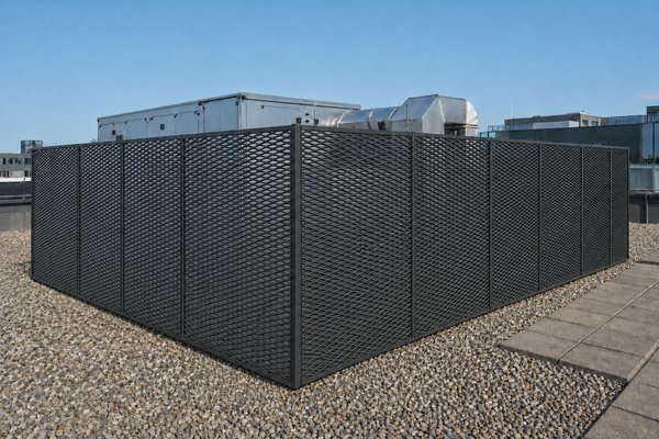 Strekmetalen afscherming rond technische dakinstallaties