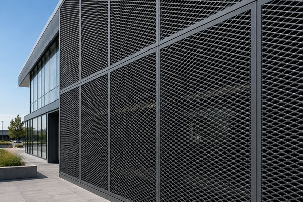Kantoorgevel met grote strekmetalen panelen
