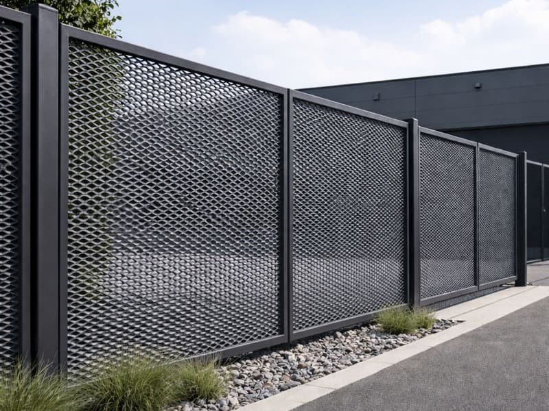 Metalen hekwerk met open strekmetaalpanelen